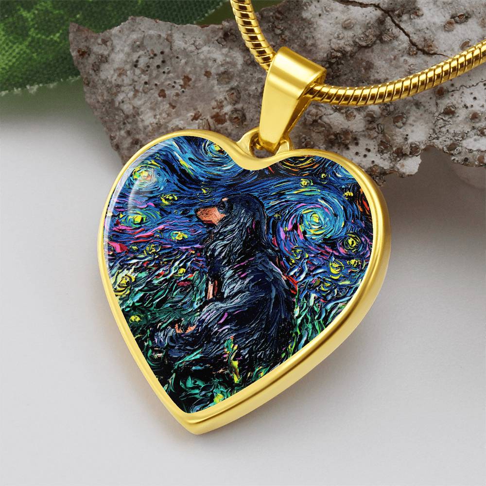 Black and Tan Long Hair Dachshund Starry Night Heart Necklace