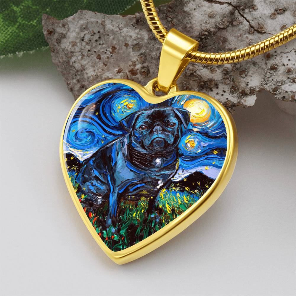 Black Pug Starry Night Heart Pendant