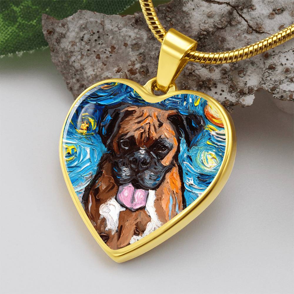 Boxer Portrait Starry Night Heart Necklace