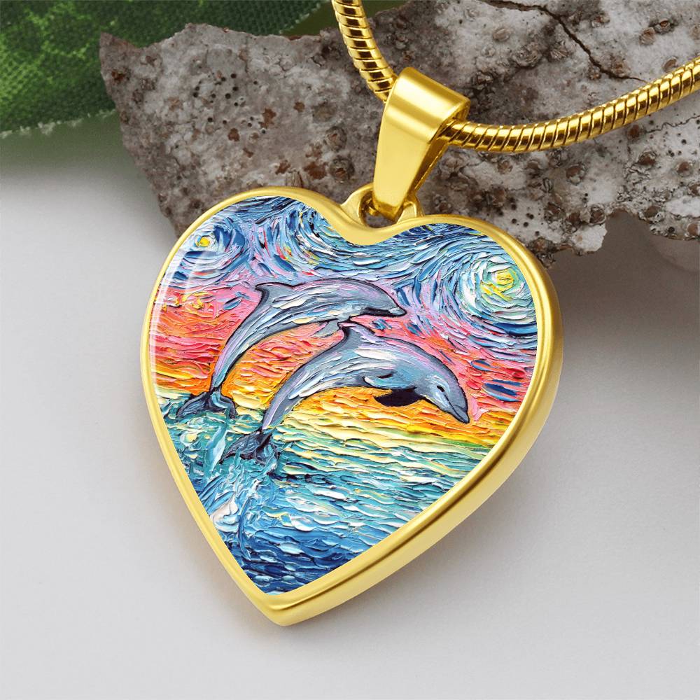 Dolphins Jumping Pastel Starry Night Heart Necklace