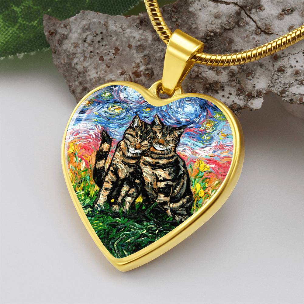 Two Tabby Cats Starry Night Heart Necklace