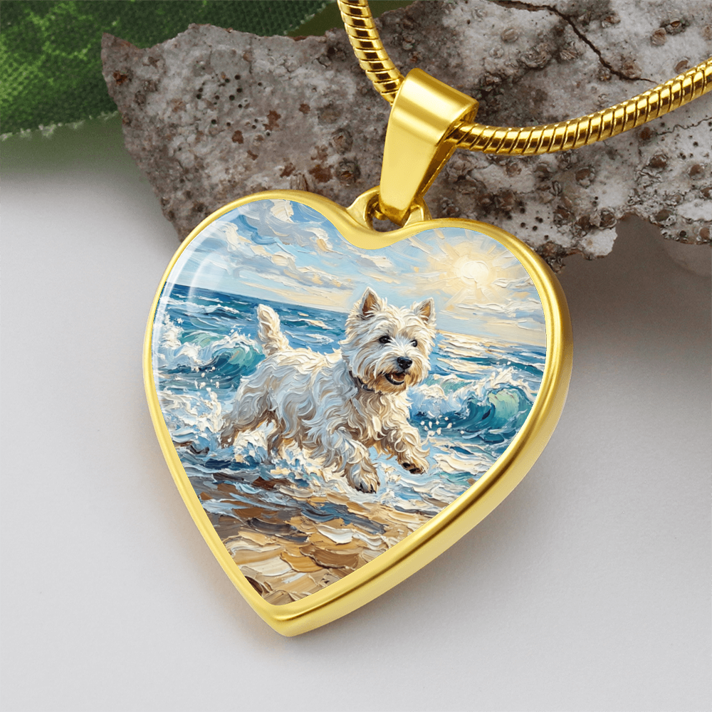 Frolicking Westie at the Beach Heart Necklace
