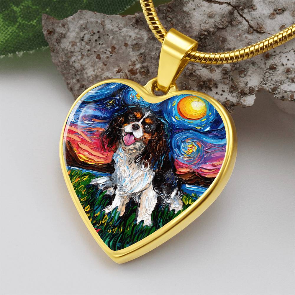 Tri Color Cavalier King Charles Spaniel Starry Night Heart Necklace