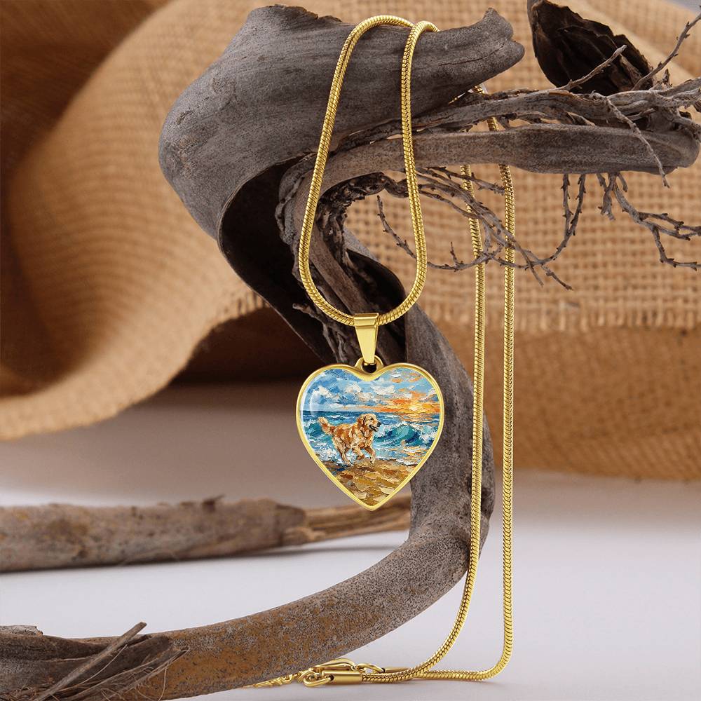 Frolicking Golden Retriever Heart Necklace
