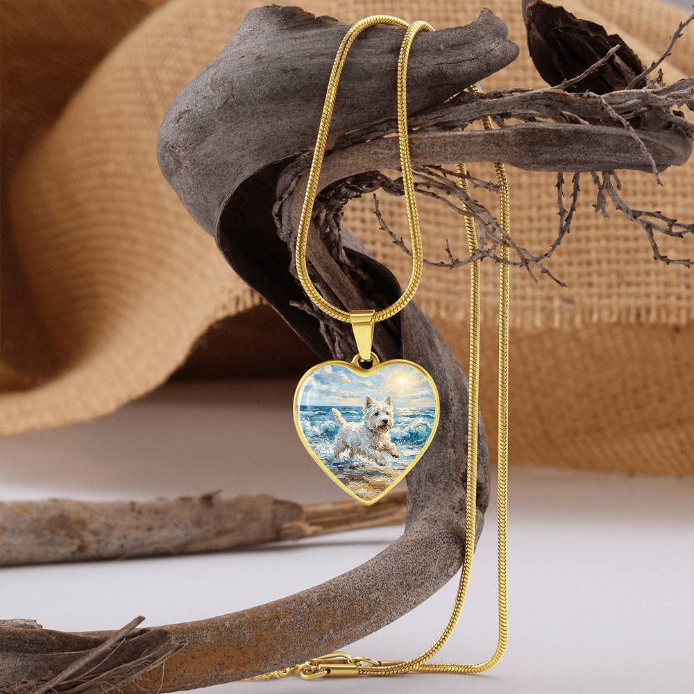 Frolicking Westie at the Beach Heart Necklace