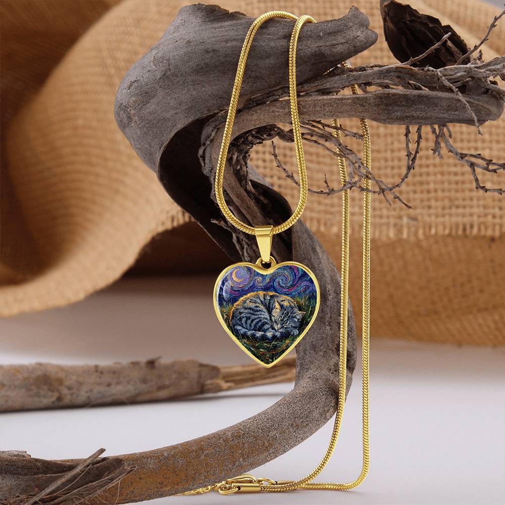Sleepy American Shorthair Tabby Heart Necklace