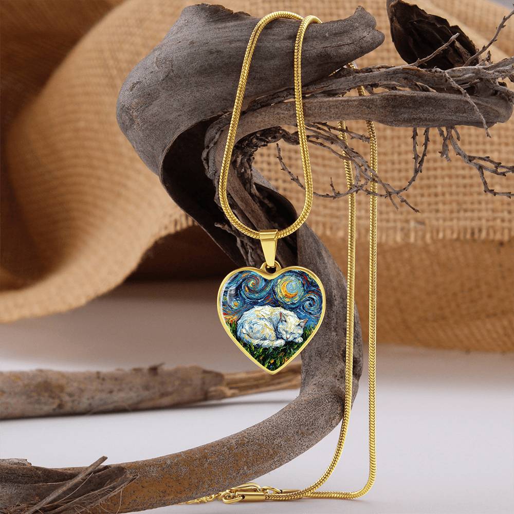 Sleepy White Cat Night Heart Necklace