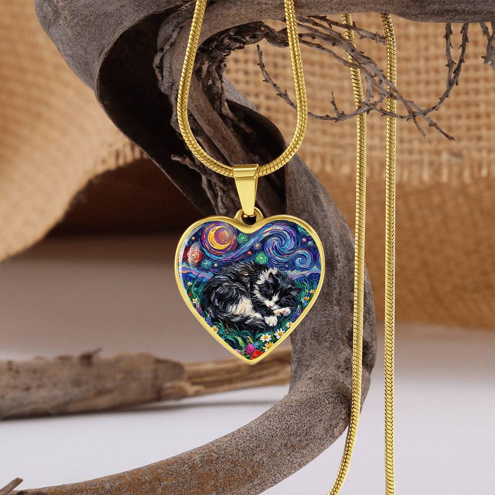 Sleepy Long Hair Tuxedo Heart Necklace