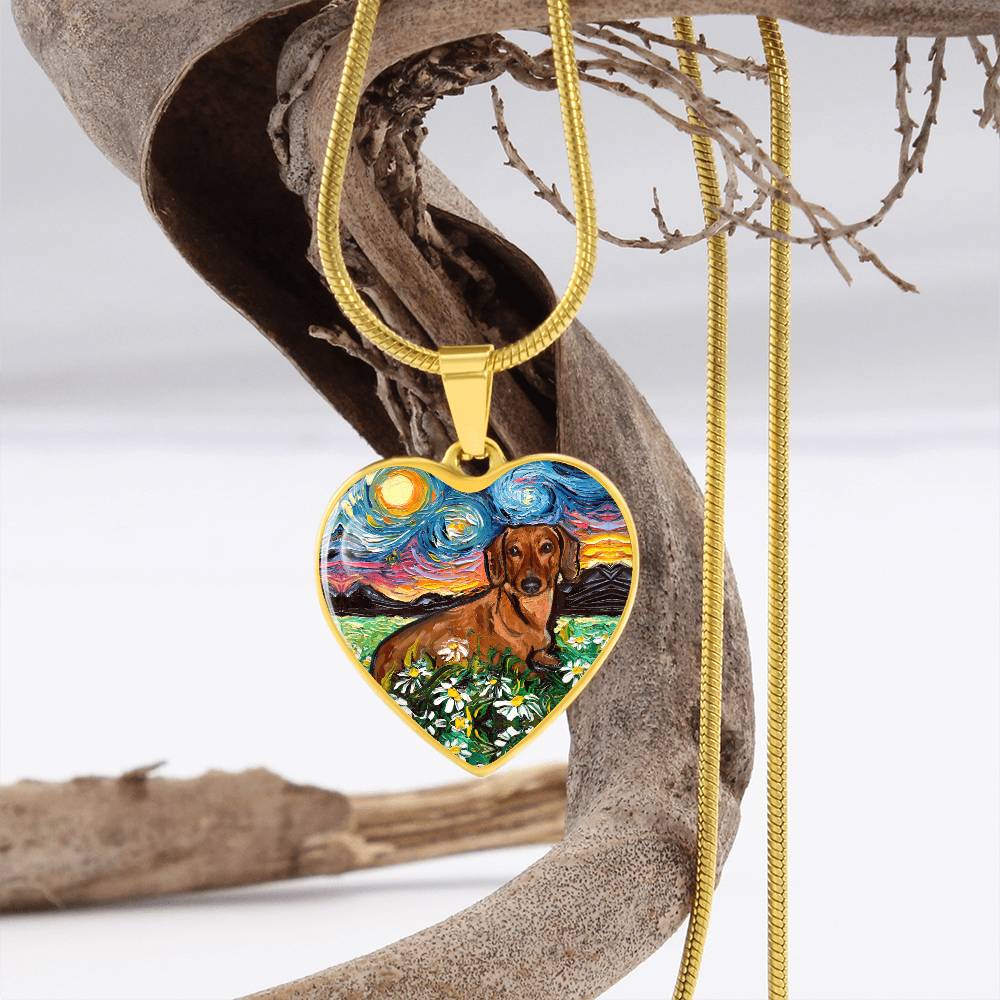 Brown Dachshund with Flowers Starry Night Heart Necklace
