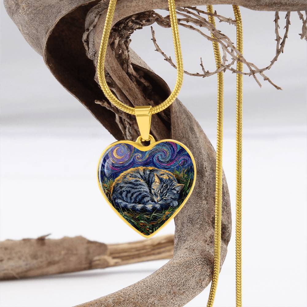 Sleepy American Shorthair Tabby Heart Necklace
