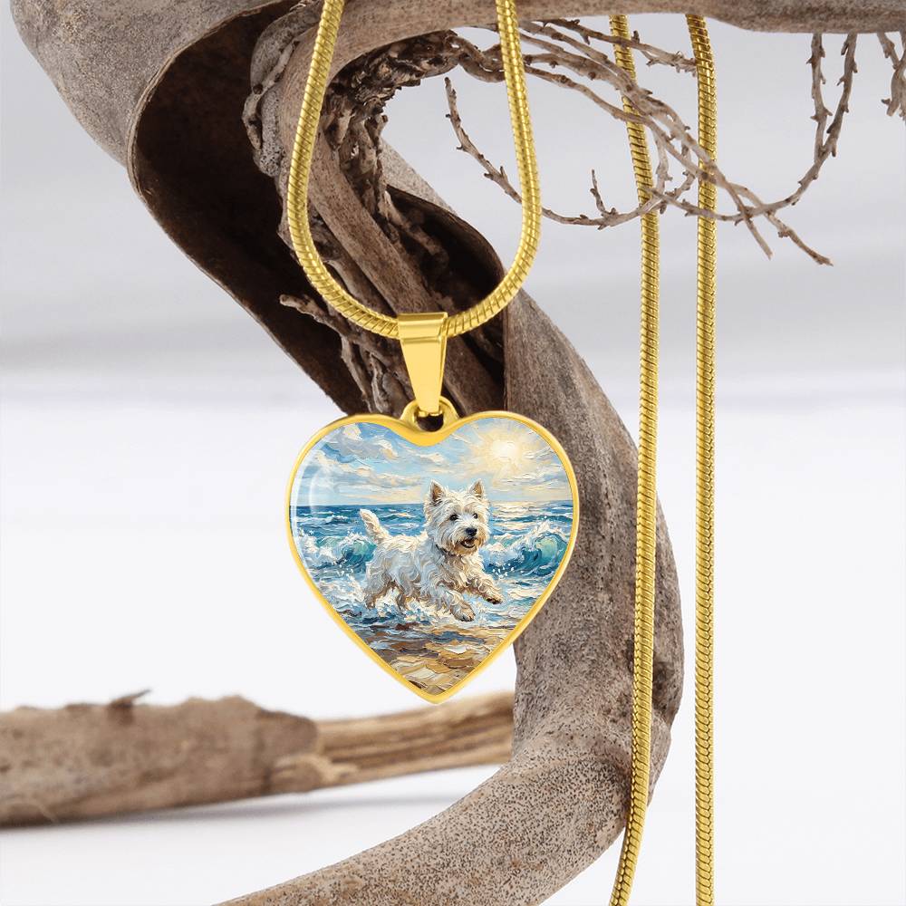 Frolicking Westie at the Beach Heart Necklace