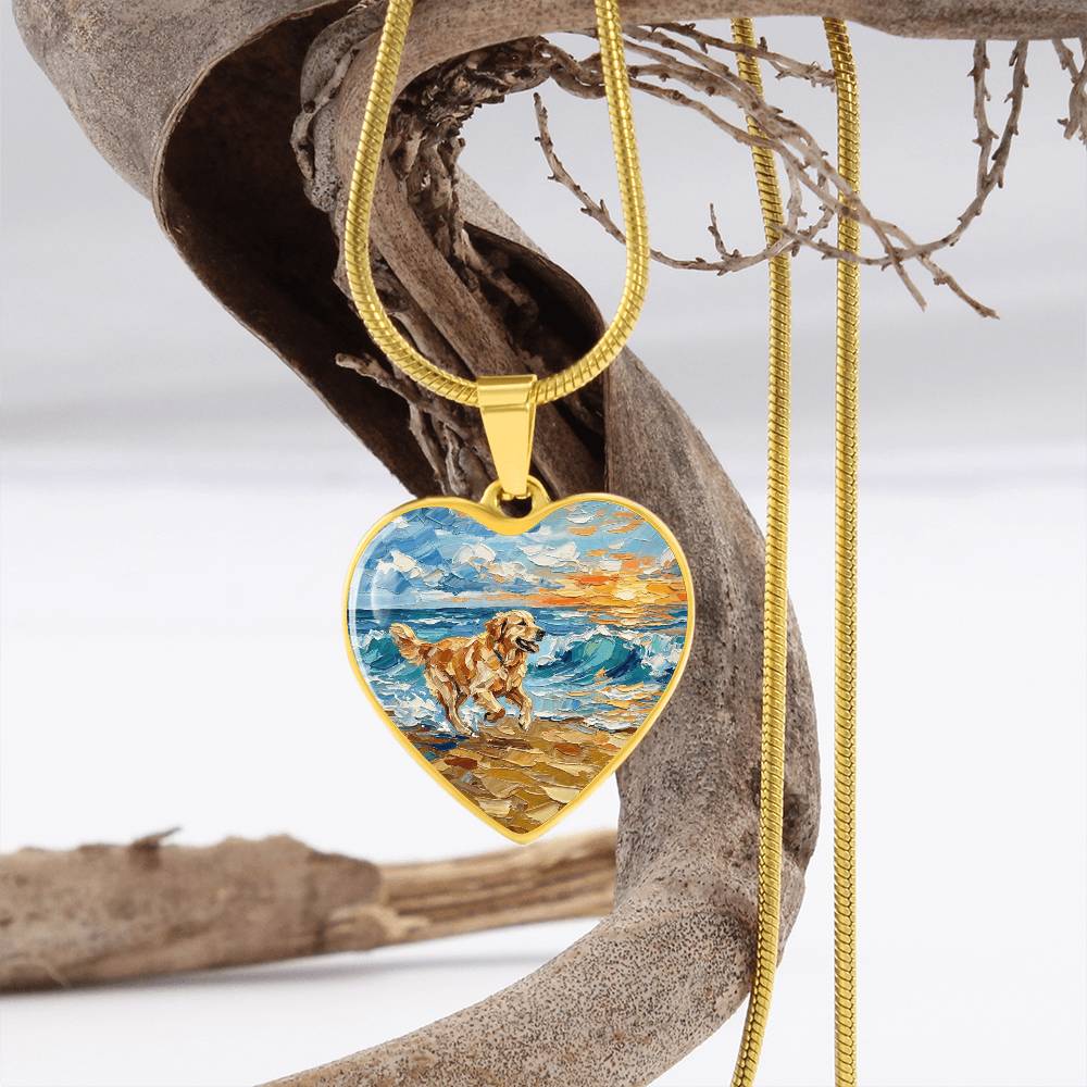 Frolicking Golden Retriever Heart Necklace