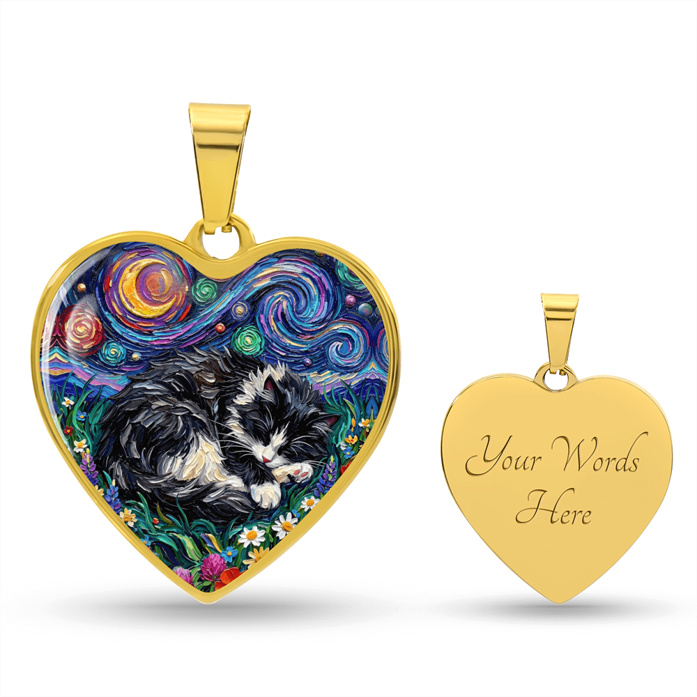 Sleepy Long Hair Tuxedo Heart Necklace