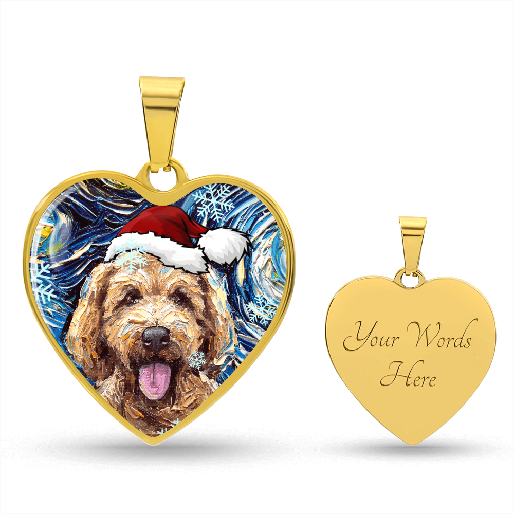 Goldendoodle in Santa Hat Starry Night Heart Necklace