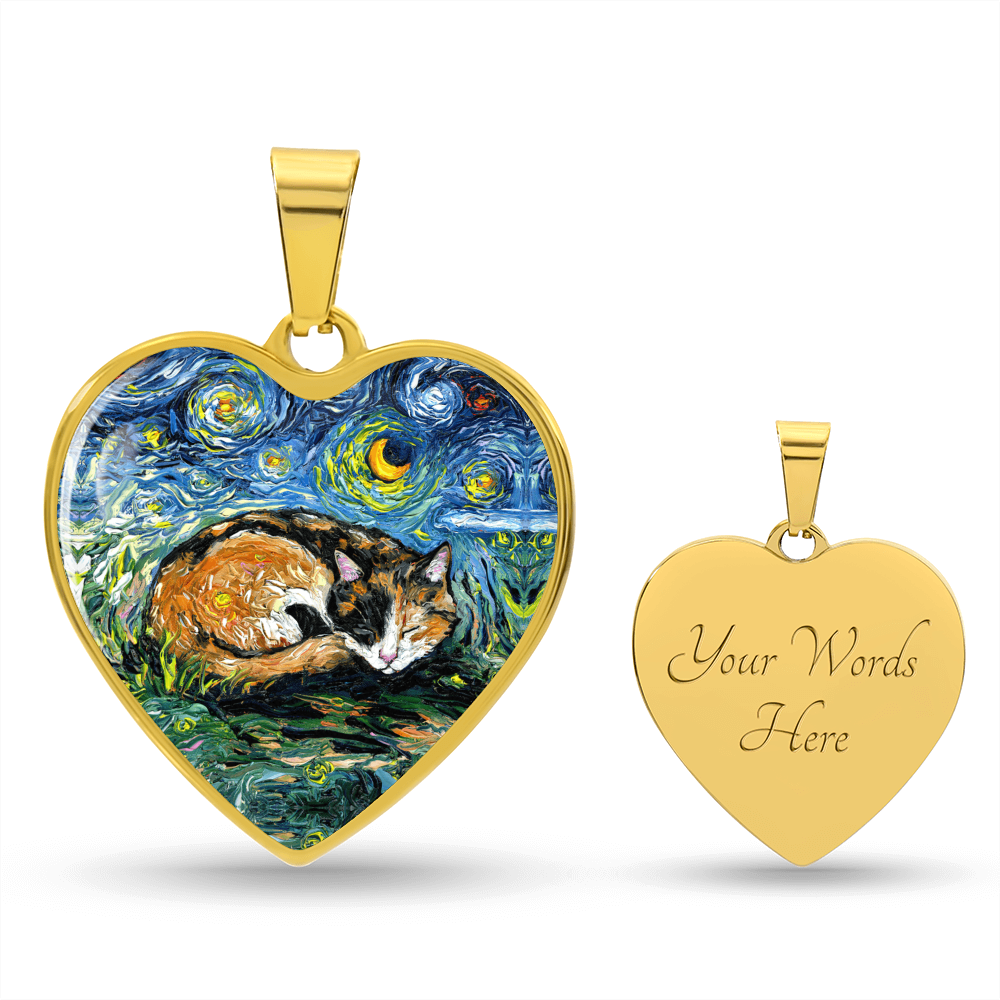 Sleeping Calico Cat Starry Night Heart Necklace