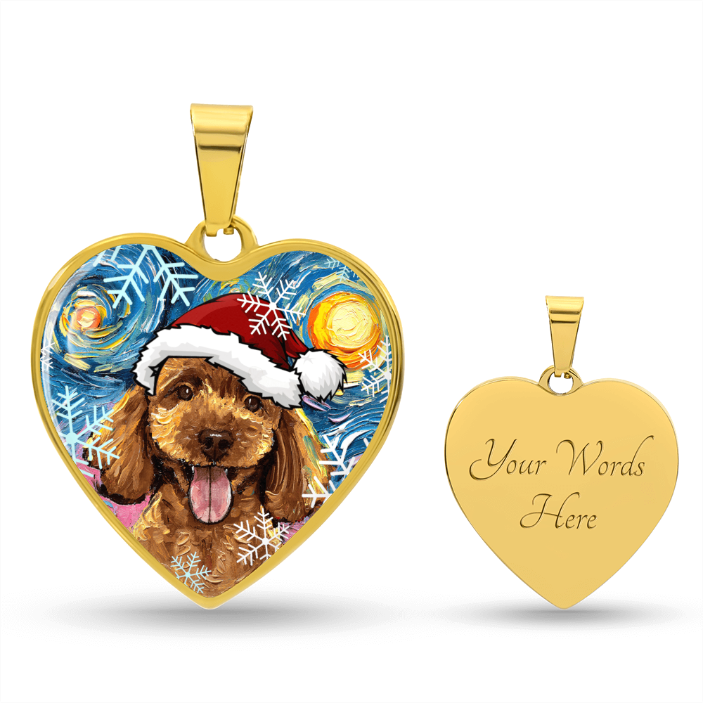 Apricot Poodle Puppy in Santa Hat Starry Night Heart Necklace