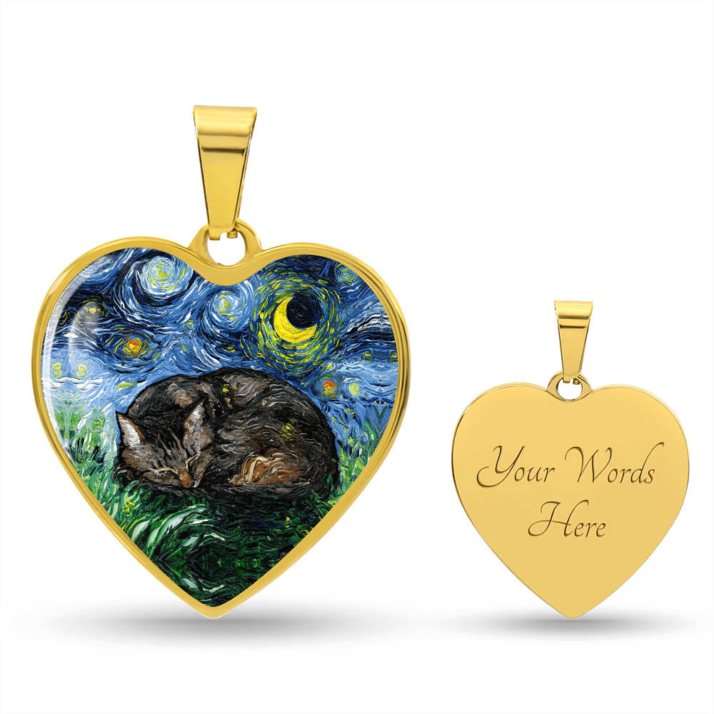 Sleeping Brown Tabby Starry Night Heart Necklace
