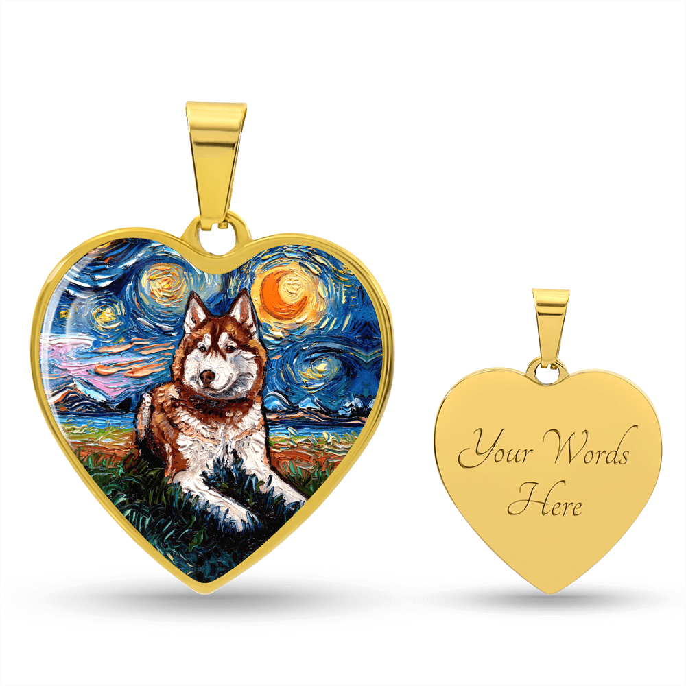 Red and White Husky Starry Night Heart Necklace