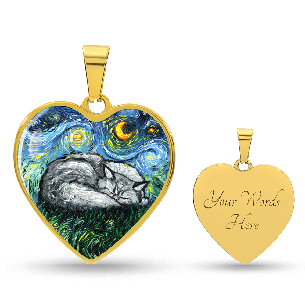 Sleeping Persian Cat Starry Night Heart Necklace