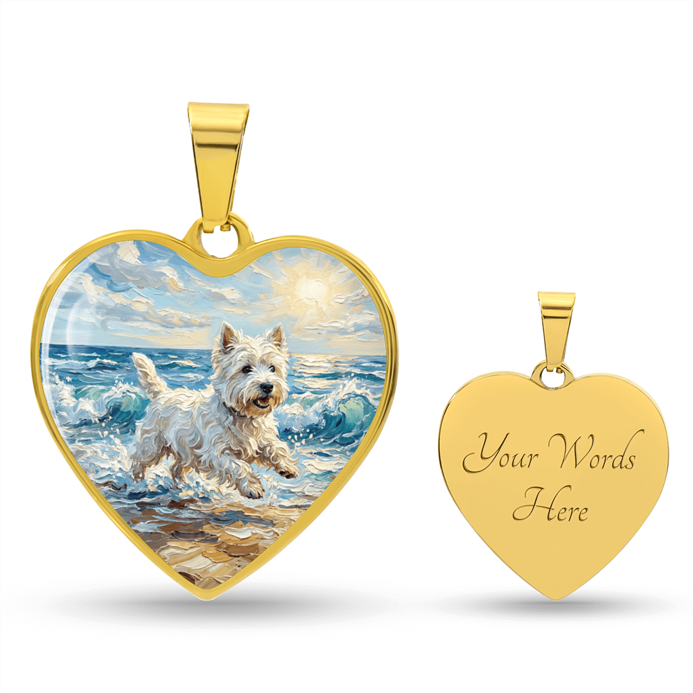 Frolicking Westie at the Beach Heart Necklace