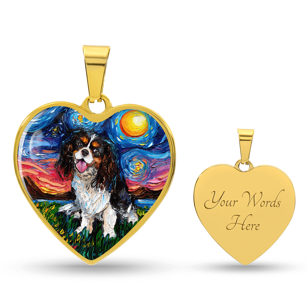 Tri Color Cavalier King Charles Spaniel Starry Night Heart Necklace