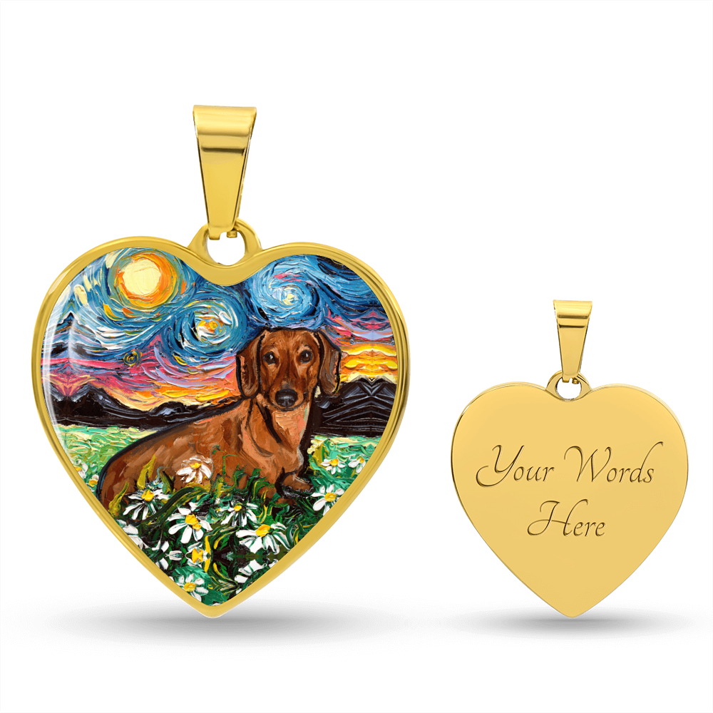 Brown Dachshund with Flowers Starry Night Heart Necklace