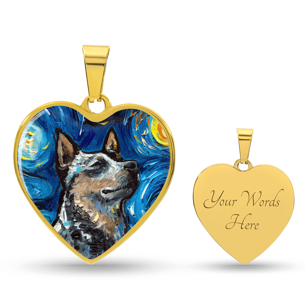 Blue Heeler Portrait Starry Night Heart Necklace