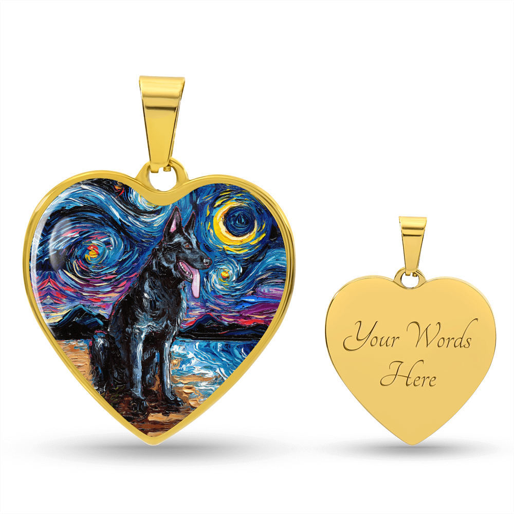 Black German Shepherd Starry Night Heart Necklace