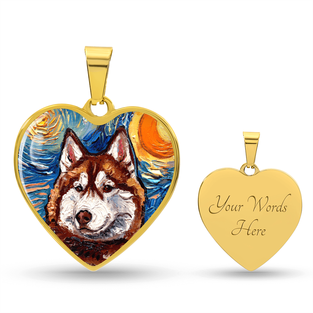 Red and White Husky Portrait Starry Night Heart Necklace