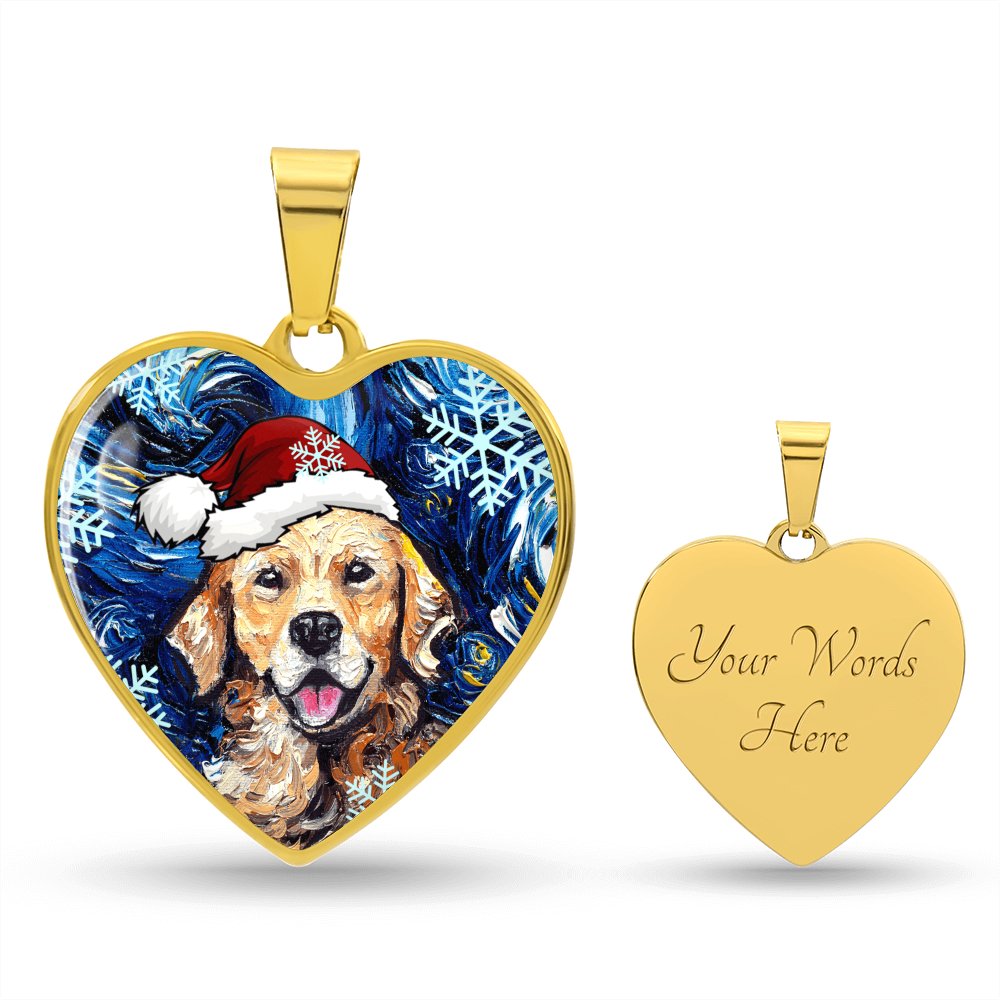 Golden Retriever in Santa Hat Starry Night Heart Necklace