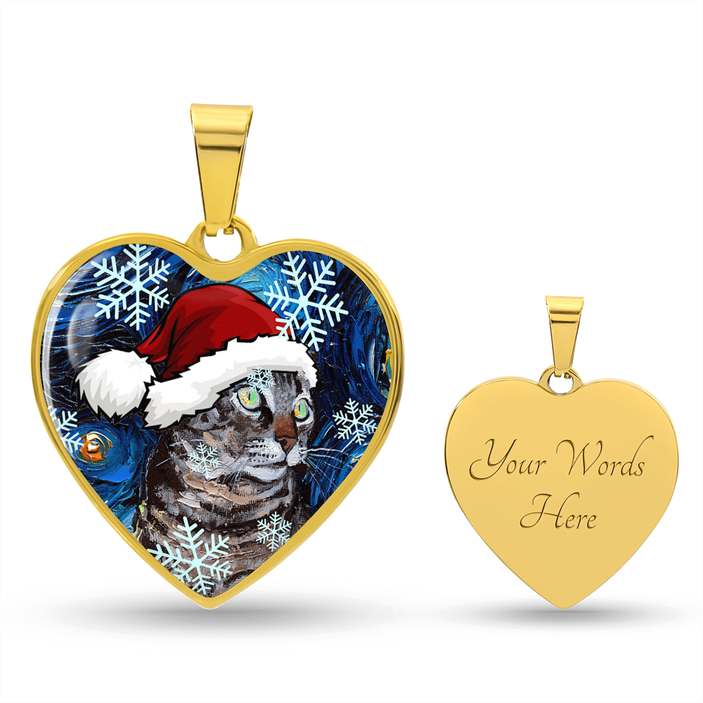Tabby Cat in Santa Hat Starry Night Heart Necklace