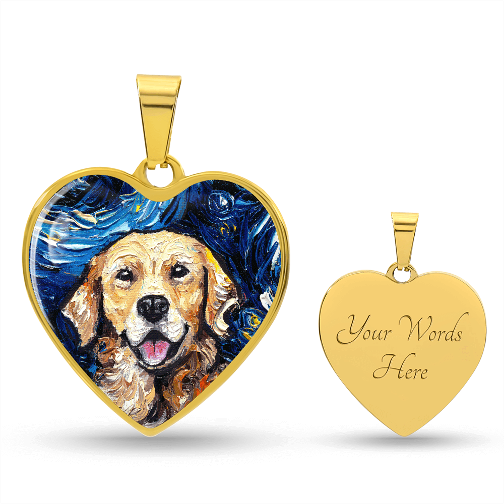Golden Retriever Portrait Starry Night Heart Necklace