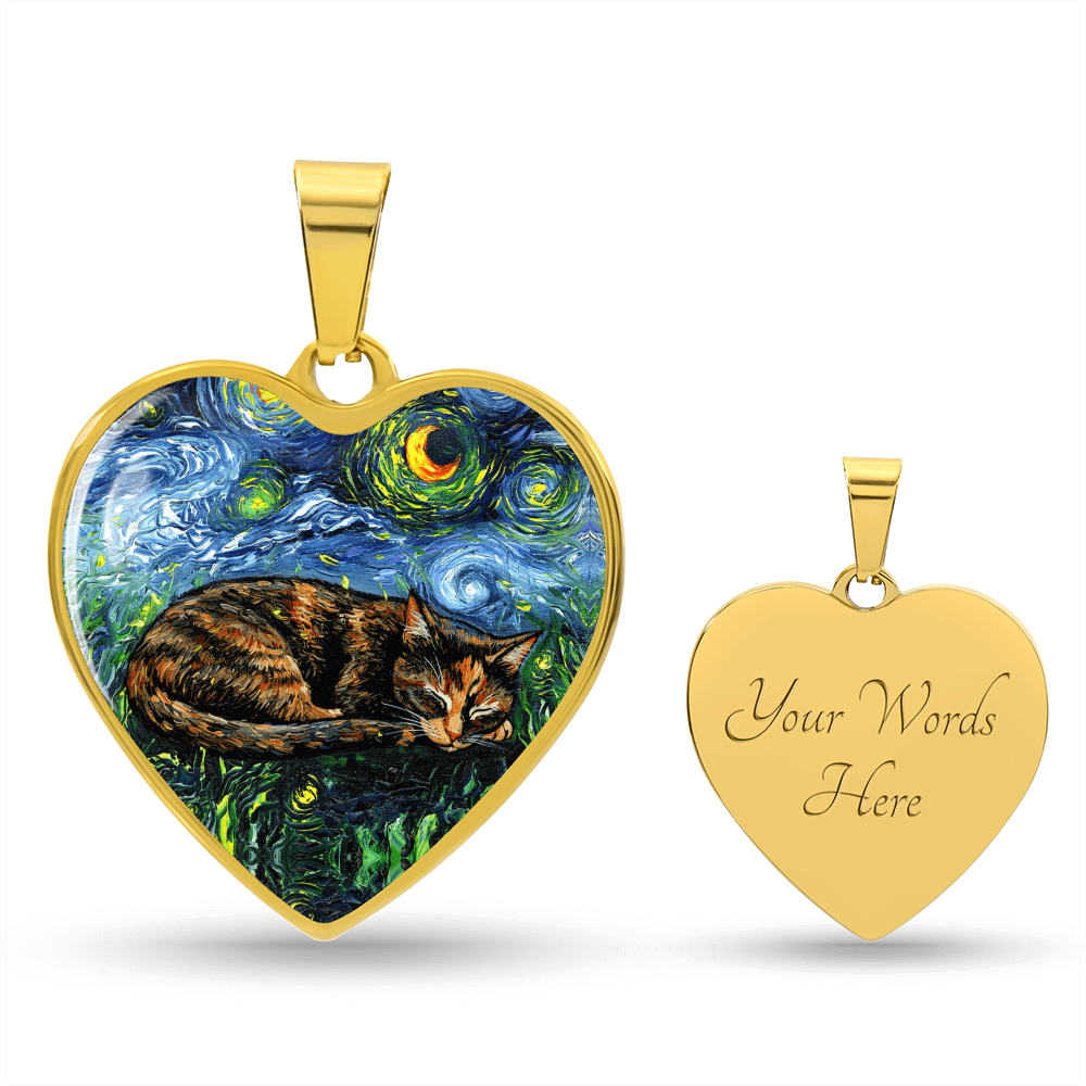 Sleepy Tortie Starry Night Heart Necklace