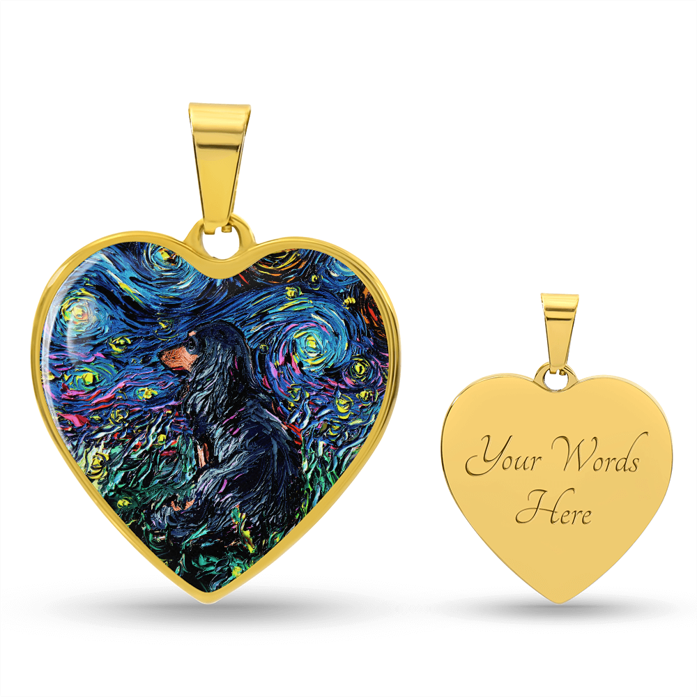 Black and Tan Long Hair Dachshund Starry Night Heart Necklace