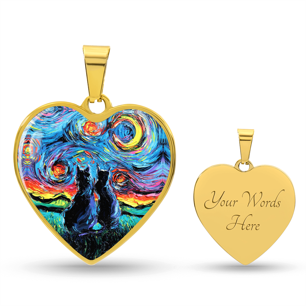 Van Gogh's Cats Starry Night Heart Necklace