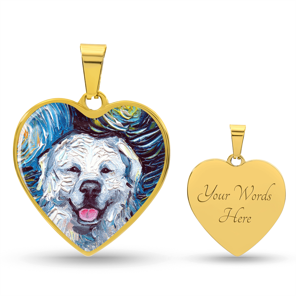 Great Pyrenees Portrait Starry Night Heart Necklace