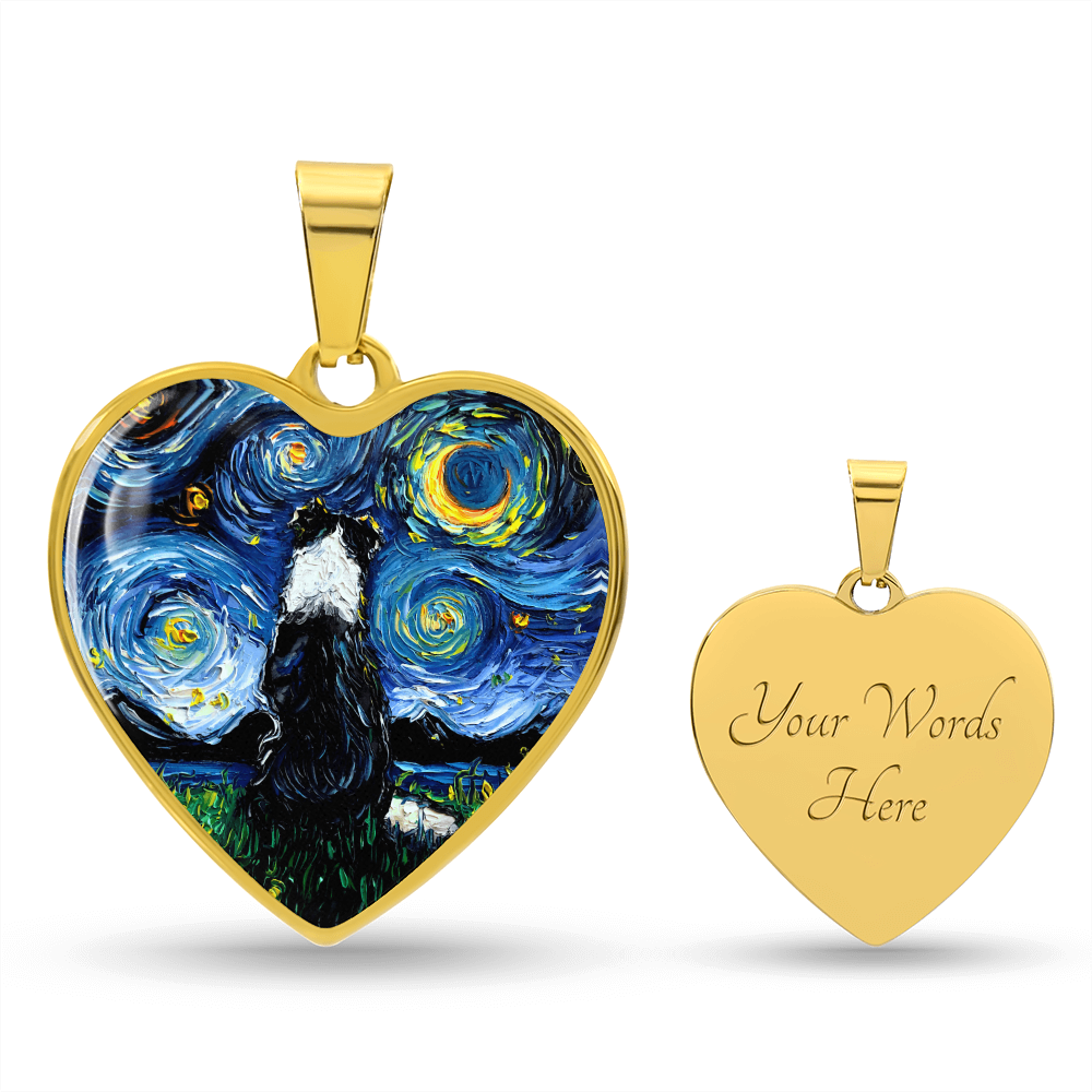 Border Collie Back Starry Night Heart Necklace