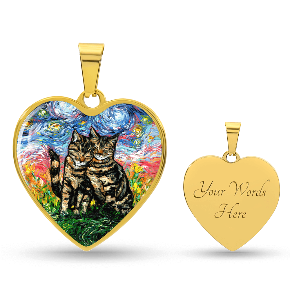 Two Tabby Cats Starry Night Heart Necklace
