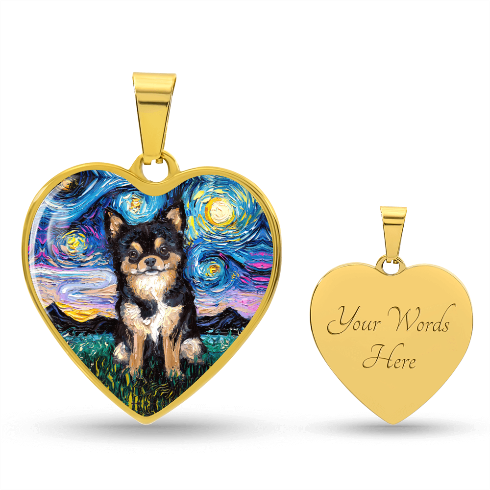 Long Hair Black and Tan Chihuahua Starry Night Heart Necklace