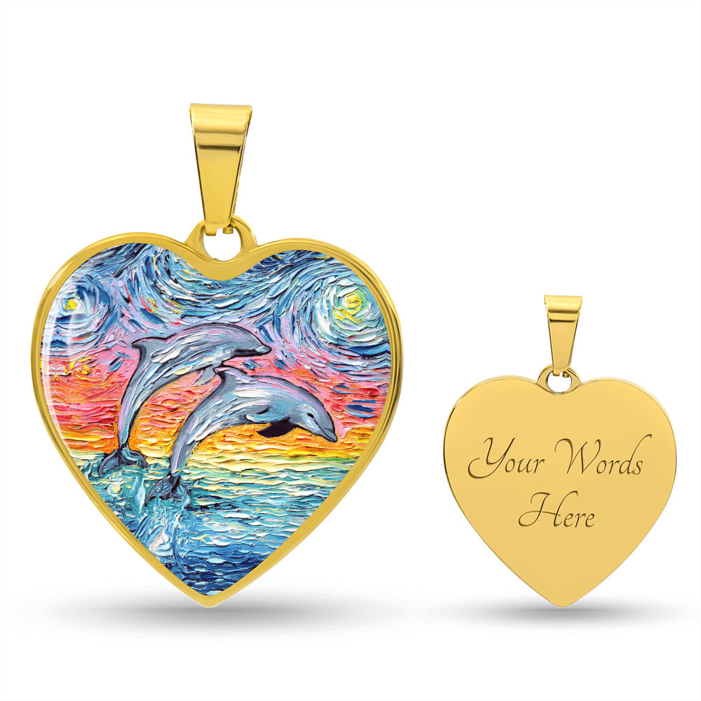 Dolphins Jumping Pastel Starry Night Heart Necklace
