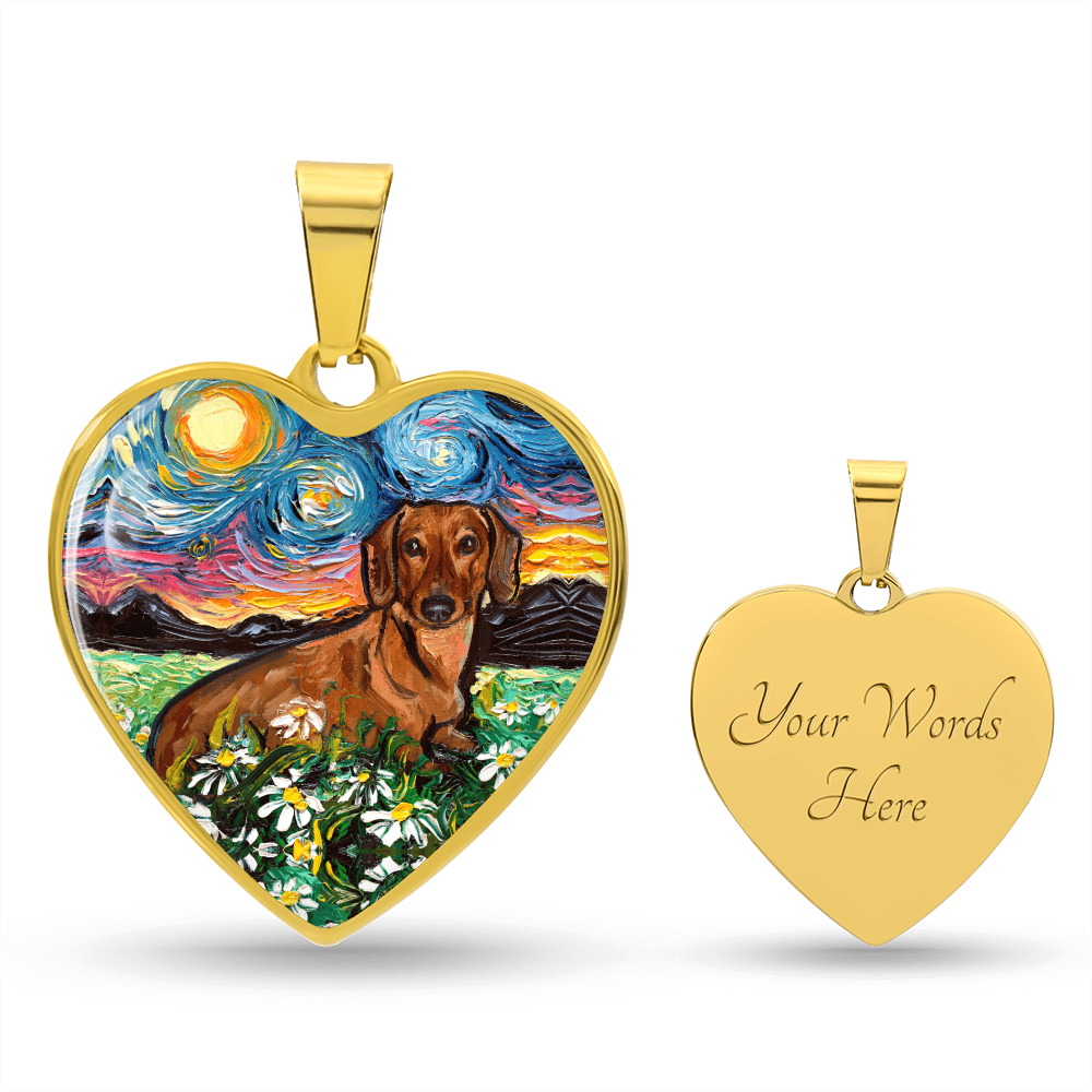 Brown Dachshund with Flowers Starry Night Heart Necklace