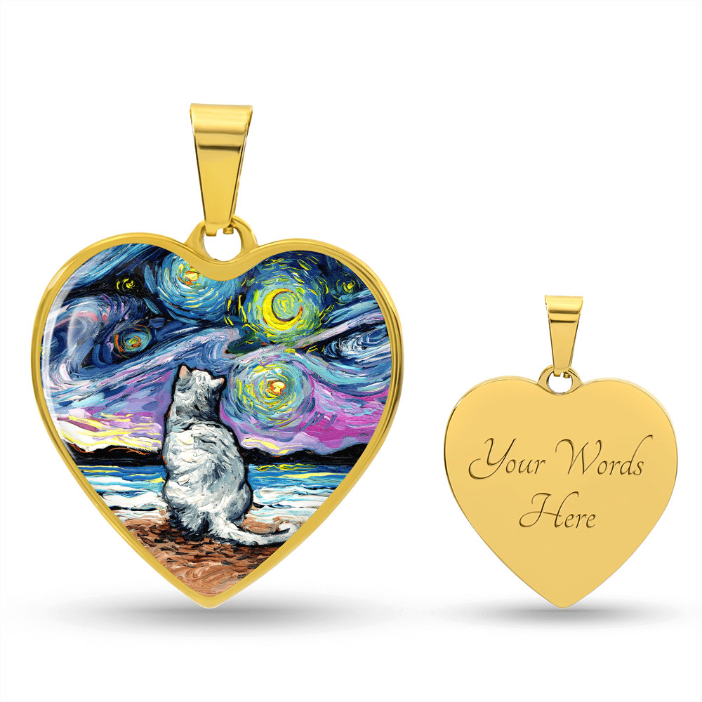 White Cat Beach Starry Night Heart Necklace