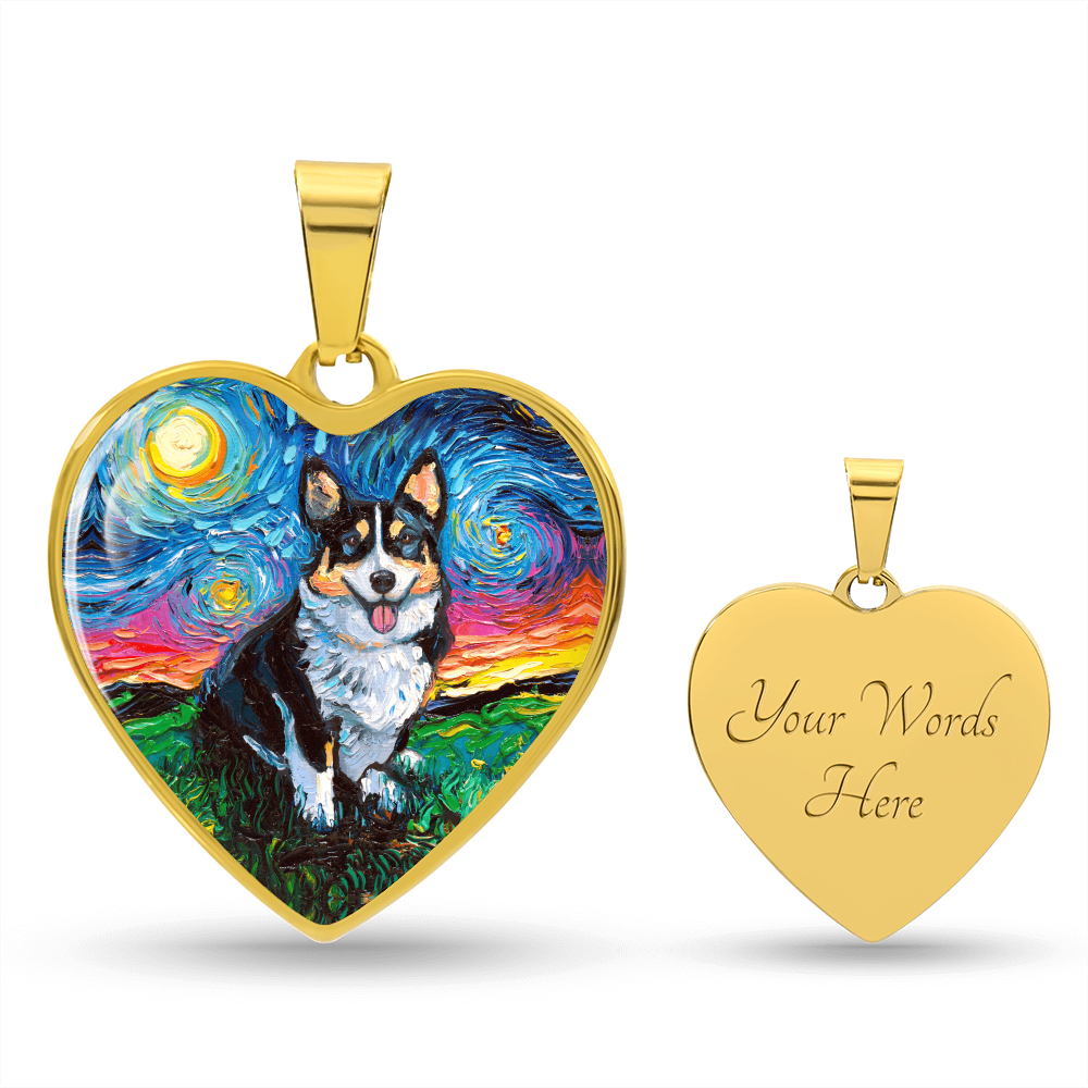Tri Color Corgi Starry Night Heart Necklace