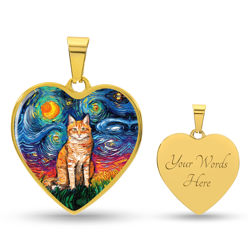 Seated Orange Tabby Cat Starry Night Heart Necklace