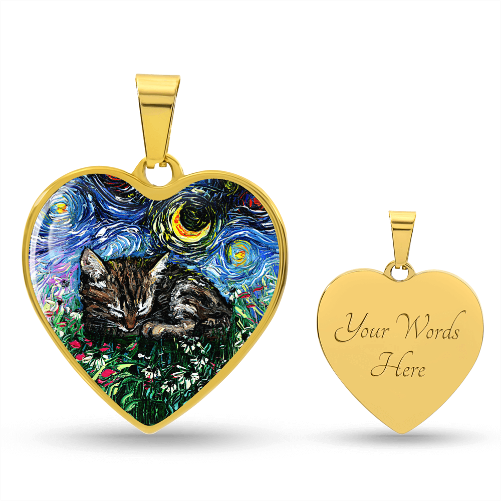 Tabby Kitten Starry Night Heart Necklace