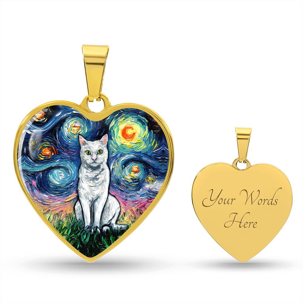 Seated White Cat Starry Night Heart Necklace
