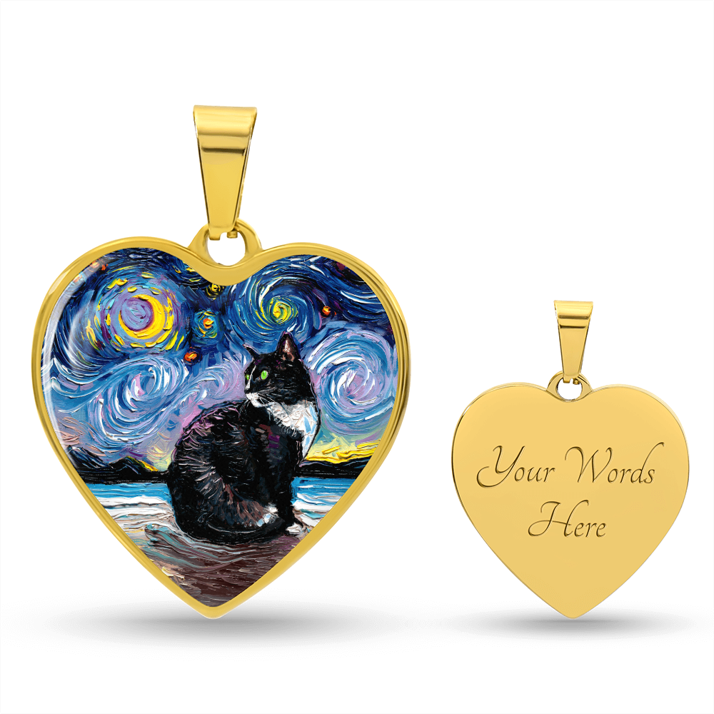 Tuxedo Cat with Green Eyes and White up nose Starry Night Heart Necklace