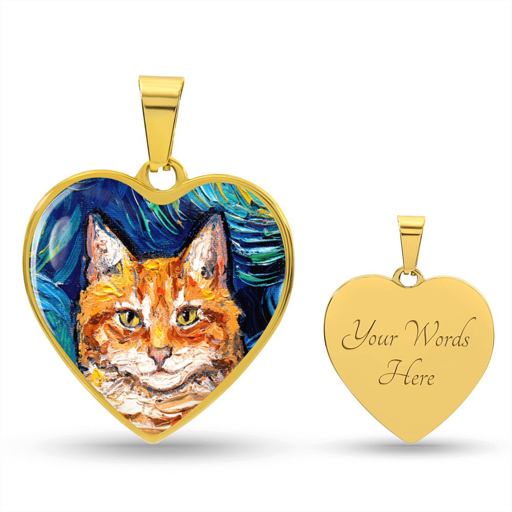 Orange Tabby Cat Portrait Starry Night Heart Necklace
