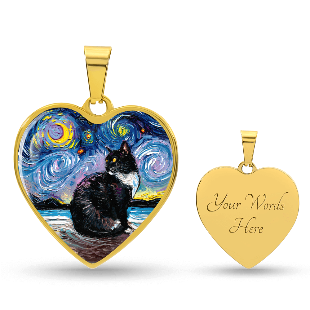 Tuxedo Cat with Yellow Eyes Starry Night Heart Necklace