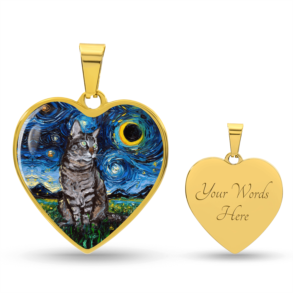Tabby Cat Starry Night Heart Necklace
